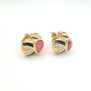 Vintage Christian Dior Enamel Rhinestone Clip Earrings Pink Cabochon Gold Black